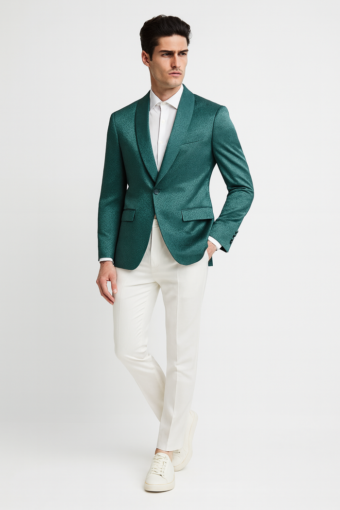 Men’s Teal Green Floral Jacquard Blazer - Slim Fit Tuxedo Jacket for Weddings, Proms, and Parties | USA Men's Outlet