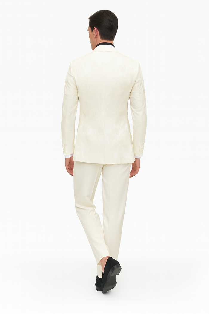 Men’s Ivory Floral Embroidered Tuxedo Jacket - Elegant Wedding and Party Blazer in Cream Color With Ivory Pants USA Men's Outlet