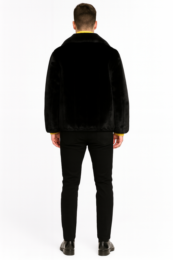 Men’s Black Faux Fur Jacket - Luxury Winter Zip-Up Coat with Soft Plush Finish by USA Men's Outlet