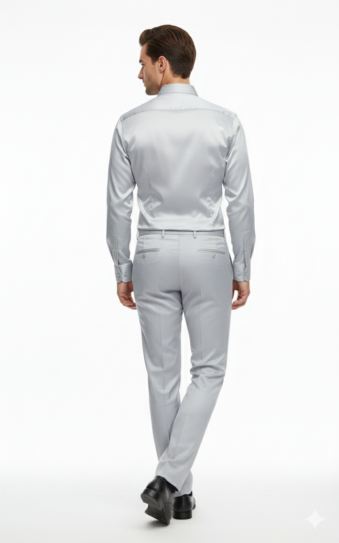 Men’s Silver Satin Dress Shirt and Pants Set - Luxury Slim Fit Outfit for Parties, Weddings, and Formal Events by USA Men's Outlet