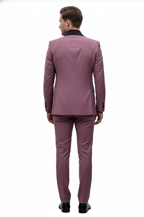 Men's Rose Pink Tuxedo Suit – Luxury Three-Piece Formal Wear with Black Satin Lapel Dusty Mauve Color