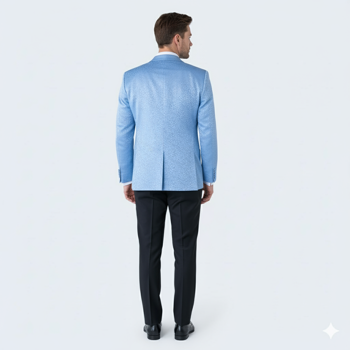 Men’s Light Blue Paisley Tuxedo Jacket - Elegant Satin Shawl Lapel Dinner Blazer for Weddings, Proms in Sky Powder Blue Color Bowtie by USA Men's Outlet
