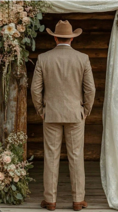 Mens Sharkskin Dark Taupe Tan with sheen Western 3 Piece Suit – Classic Country Style Blazer Vest Pants Set, Formal Cowboy Suit Outfit