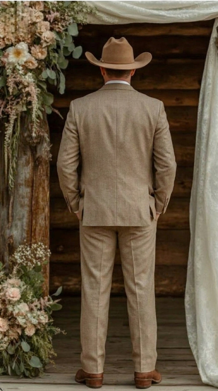 Mens Sharkskin Dark Taupe Tan with sheen Western 3 Piece Suit – Classic Country Style Blazer Vest Pants Set, Formal Cowboy Suit Outfit