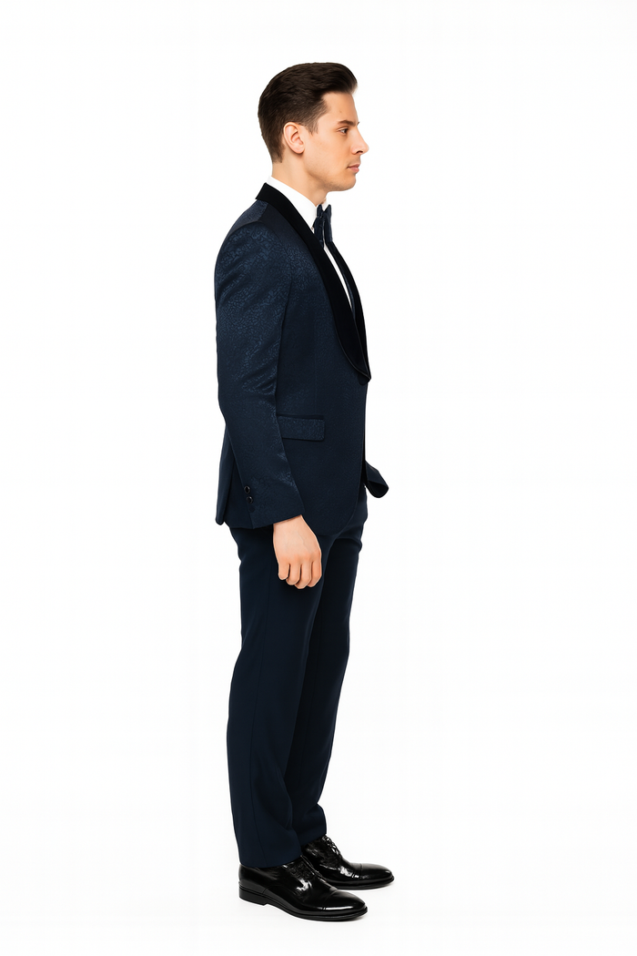 Men’s Navy Blue Jacquard Tuxedo with Black Velvet Shawl Lapel - 3 Piece Formal Suit with Bow Tie by USA Men's Outlet