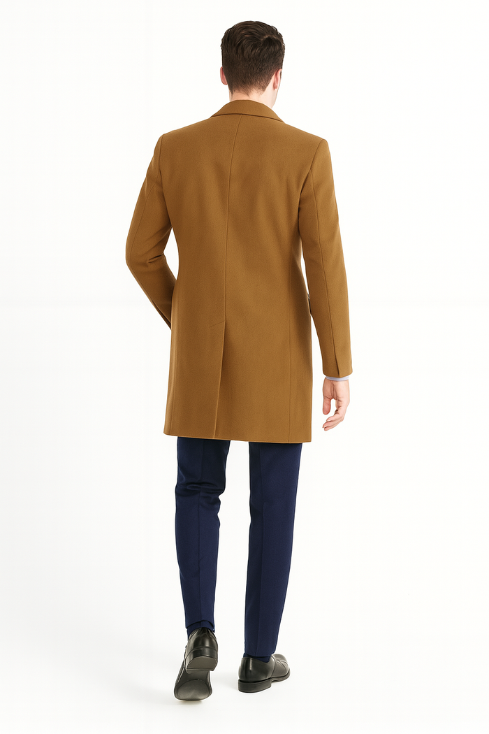 Men’s Camel Brown Wool Overcoat - Classic Long Dress Coat for Business and Casual Wear in Vecuna Color by USA Men's Outlet