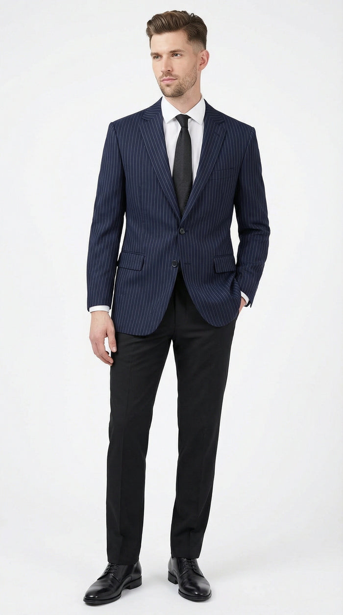 Men’s Navy Blue Pinstripe Blazer – Classic Tailored Formal Jacket for Business, Office and Professional Wear