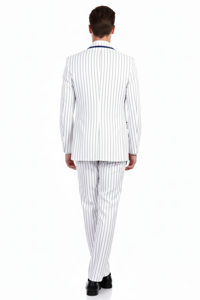Men’s White and Royal Blue Pinstripe 3-Piece Suit - Classic Fit Blazer with Vest, Pants, and Tie by USA Men's Outlet