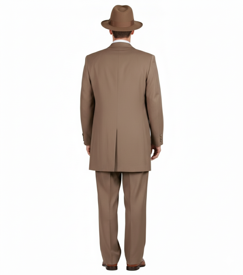 Men’s 1920s Tan Zoot Suit with Fedora Hat and Wingtip Shoes – Vintage Gangster 3-Piece Long Jacket Suit