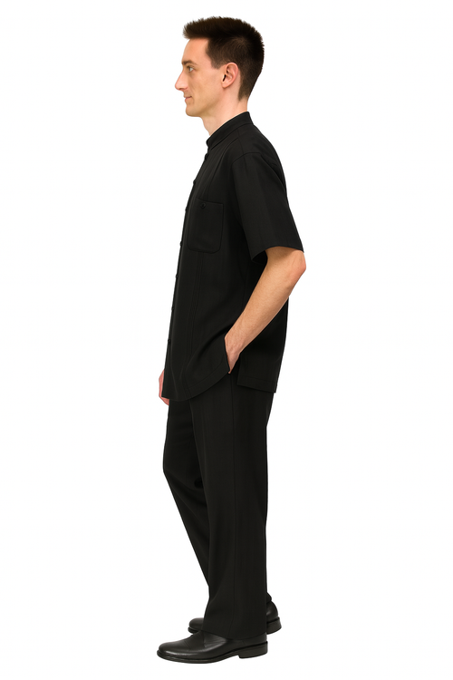 Men’s Black Banded Collar Walking Suit - Short Sleeve Shirt and Matching Pants Banded Collar Linen Fabric by USA Men's Outlet