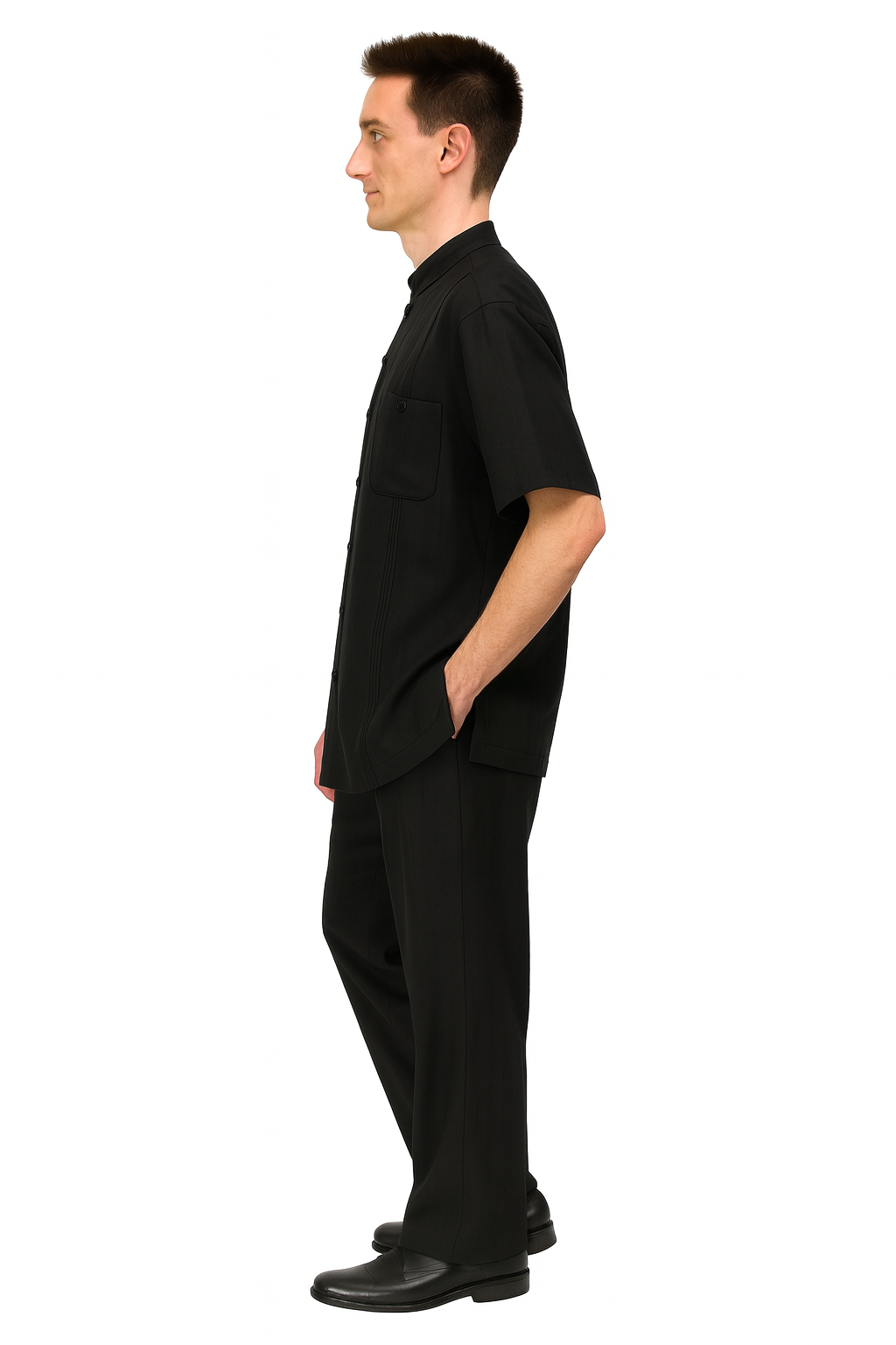 Men’s Black Banded Collar Walking Suit - Short Sleeve Shirt and Matching Pants Banded Collar Linen Fabric by USA Men's Outlet