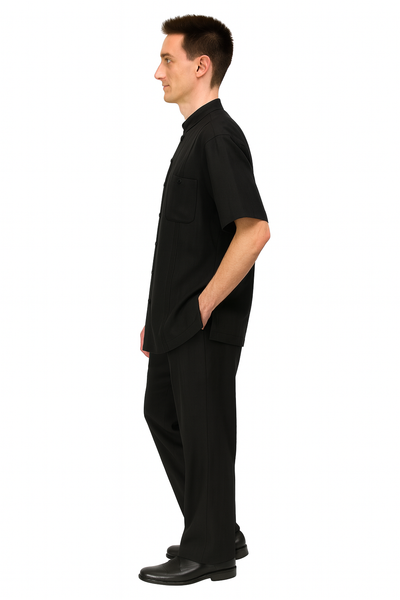 Men’s Black Banded Collar Walking Suit – Short Sleeve Shirt and Matching Pants Banded Collar Linen Fabric