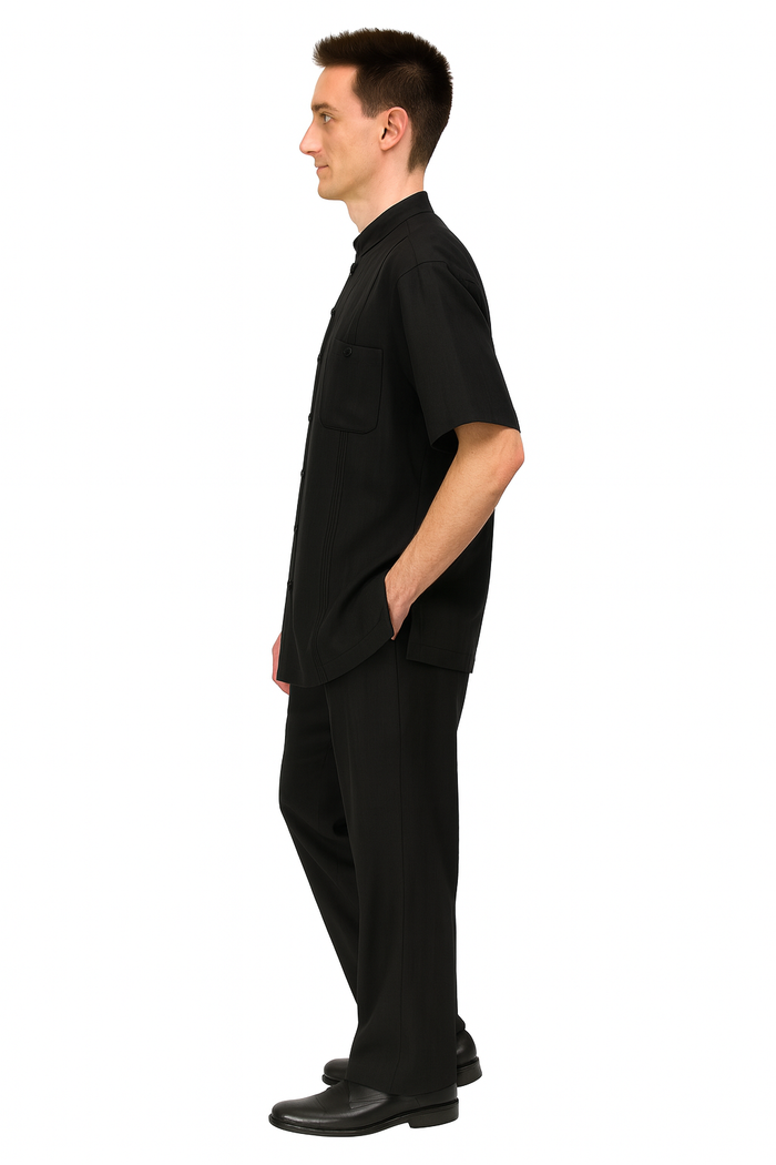 Men’s Black Banded Collar Walking Suit - Short Sleeve Shirt and Matching Pants Banded Collar Linen Fabric by USA Men's Outlet
