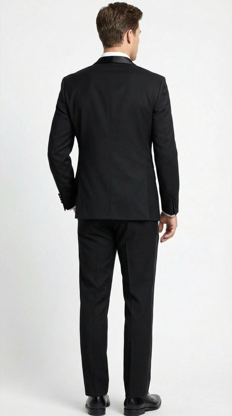 Tiglio Designer Men’s Black Single Button Tuxedo Suit – Formal Black Business and Wedding Suit Shawl Collar  Super 150's Wool Fabric