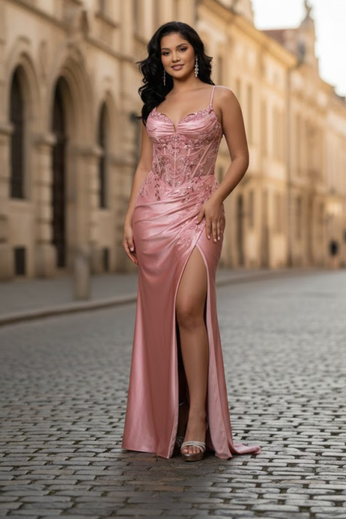 Elegant Embroidered Satin Prom Dress with High Slit & Corset Back By May Queen MQ2183