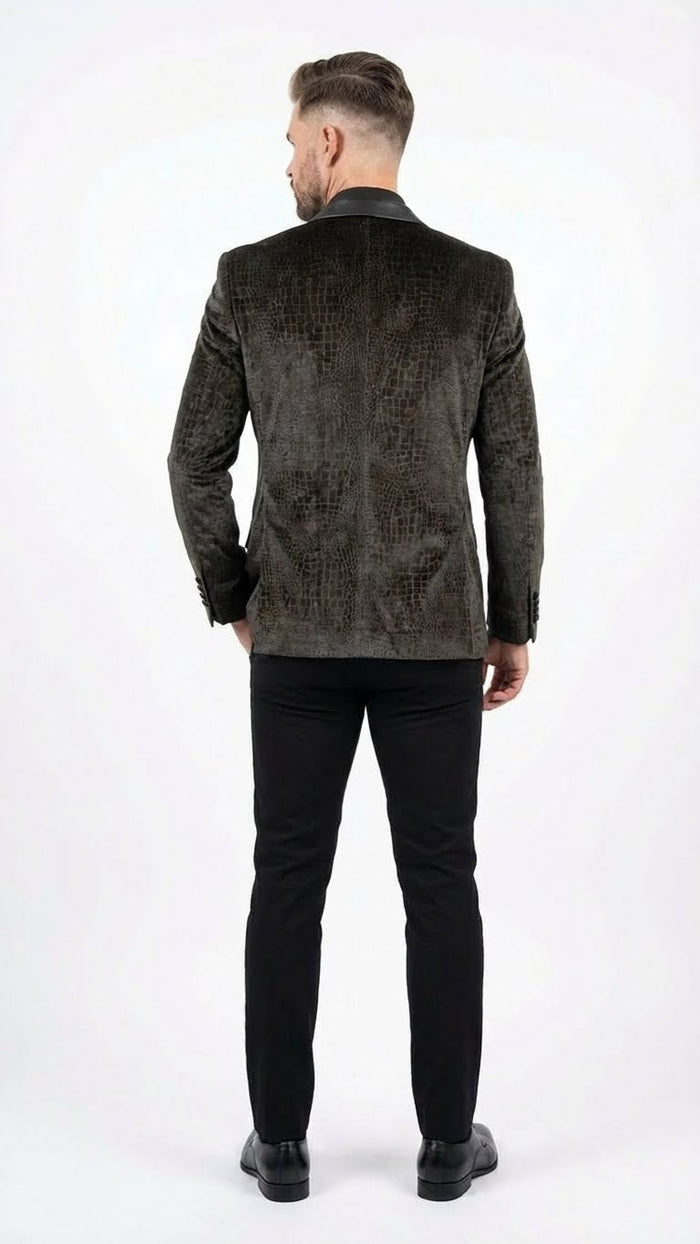 Men’s Crocodile Alligator Exotic skin Texture Blazer - Slim Fit Designer Jacket with Satin Lapels for Formal and Party Wear in Black Color USA Men's Outlet
