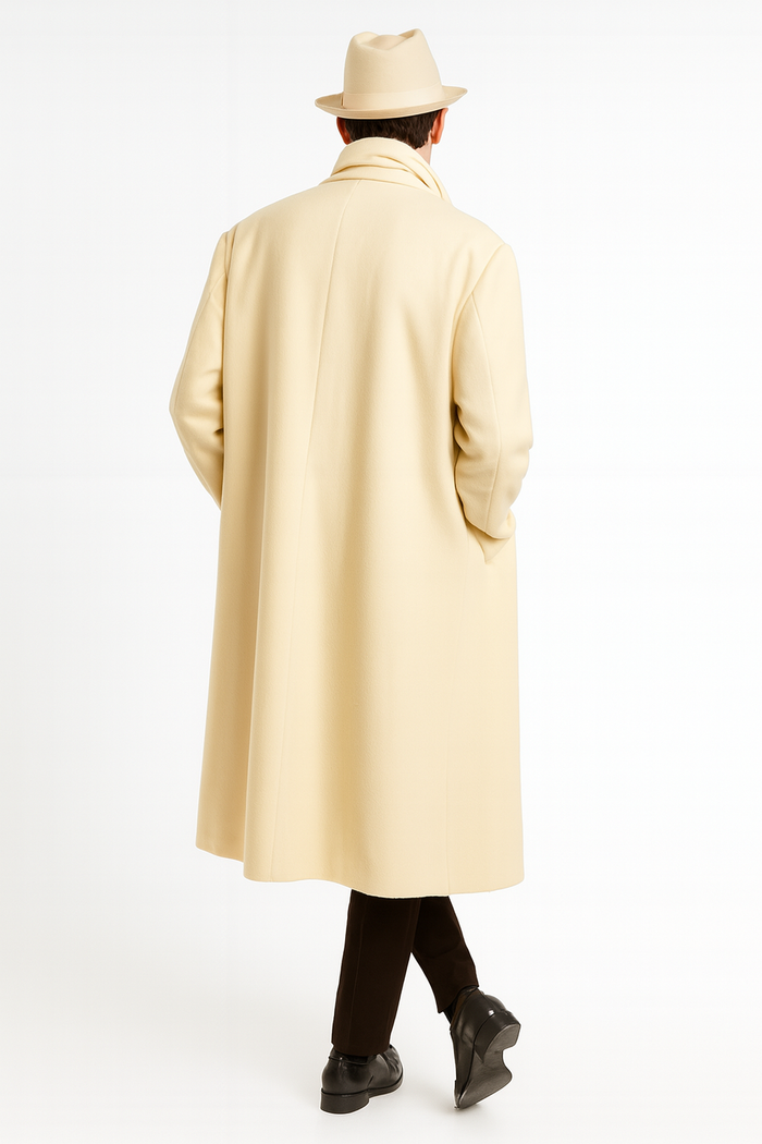 Men’s Long Cream Overcoat Wool Fabric in Ivory Off White Color Full length by USA Men's Outlet