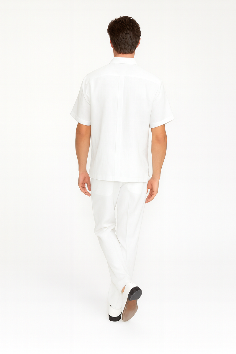 Men’s White Embroidered Guayabera Two-Piece Set – Short Sleeve Shirt and Pants
