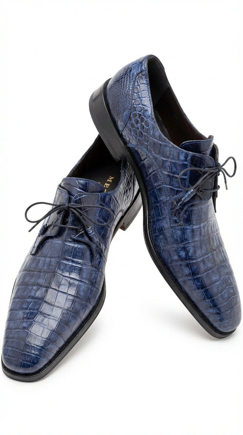 Mezlan Blue Crocodile Alligator Embossed Leather Dress Shoes for Men – Luxury Lace Up Oxford Shoes – Blue Exotic Pattern Formal