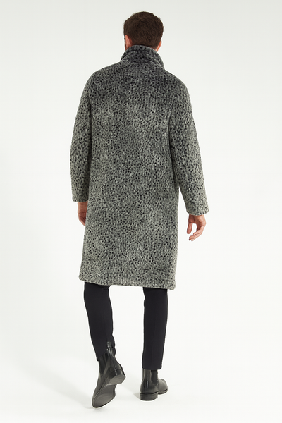 Men’s Luxury Long Grey Faux Fur Coat - Winter Overcoat with Animal Print Design by USA Men's Outlet