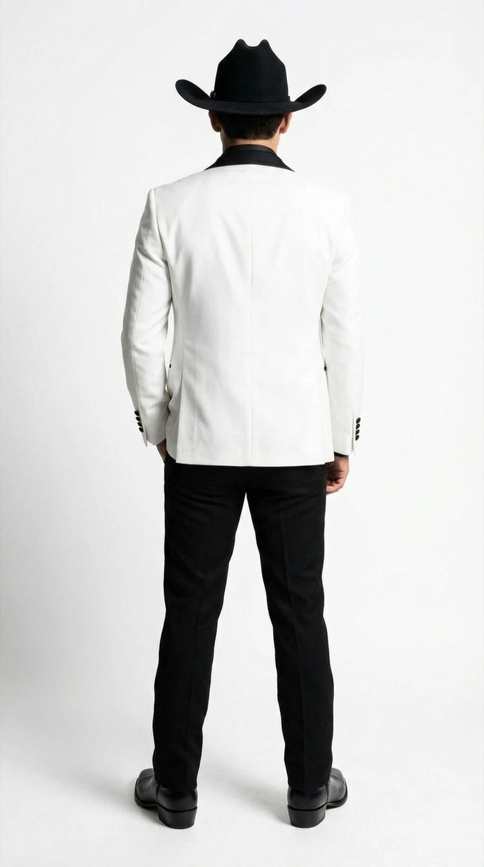 Men's White Cowboy Tuxedo with Black Satin Lapel – Western Formal Suit