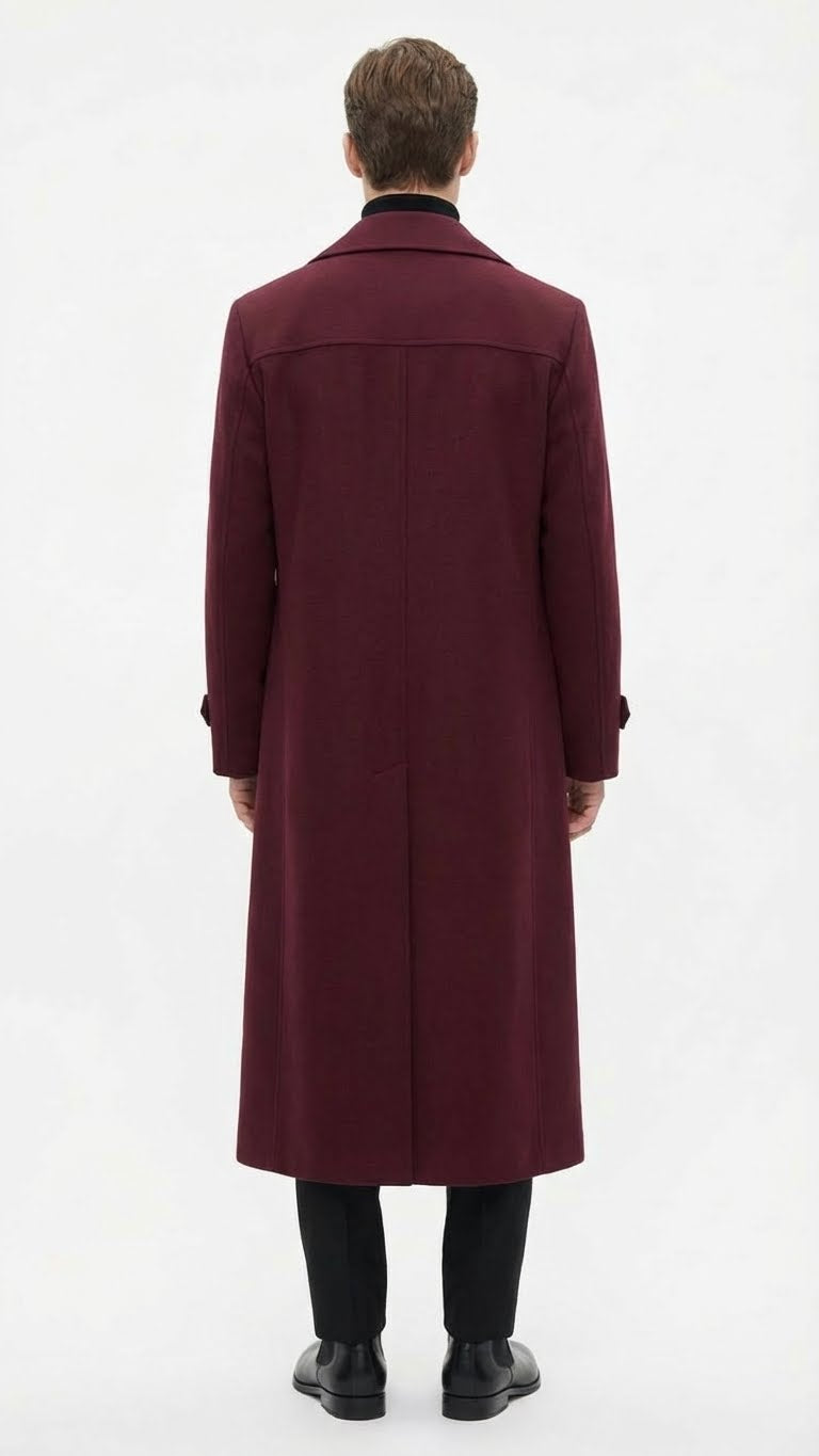 Men’s Full-Length Burgundy Overcoat – Microfiber 4 season fabric  Long Formal Coat with Classic Tailored Maxi Duster Coat