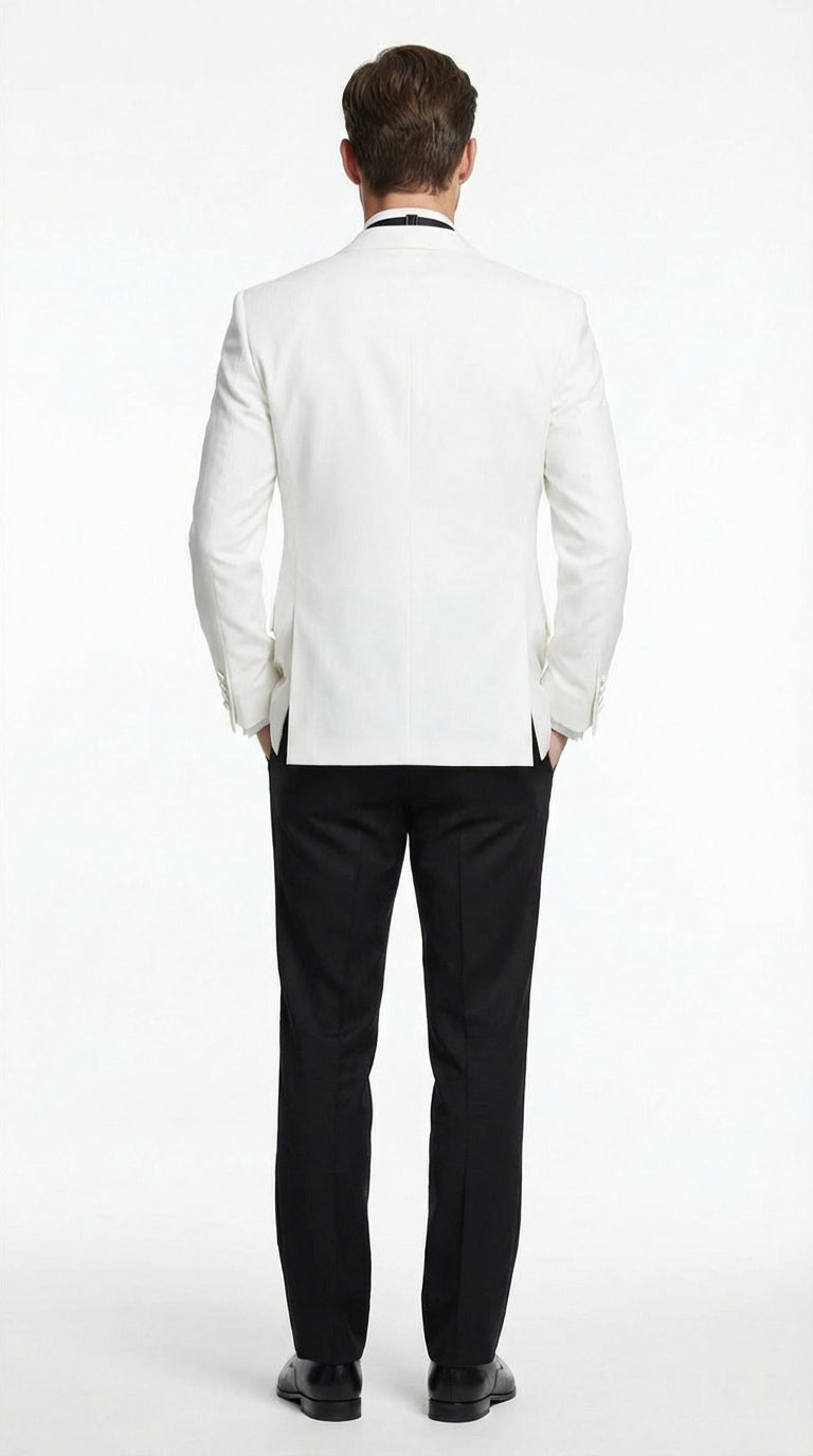 Men's White Dinner Jacket Tuxedo Blazer with Black Satin Shawl Lapel  With Black Tuxedo Pants