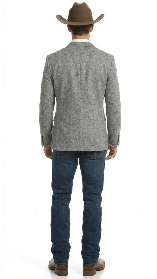 Men's Grey Tweed Herringbone Western Blazer Jacket  Style Look, Textured Formal Casual Sport Coat for Jeans