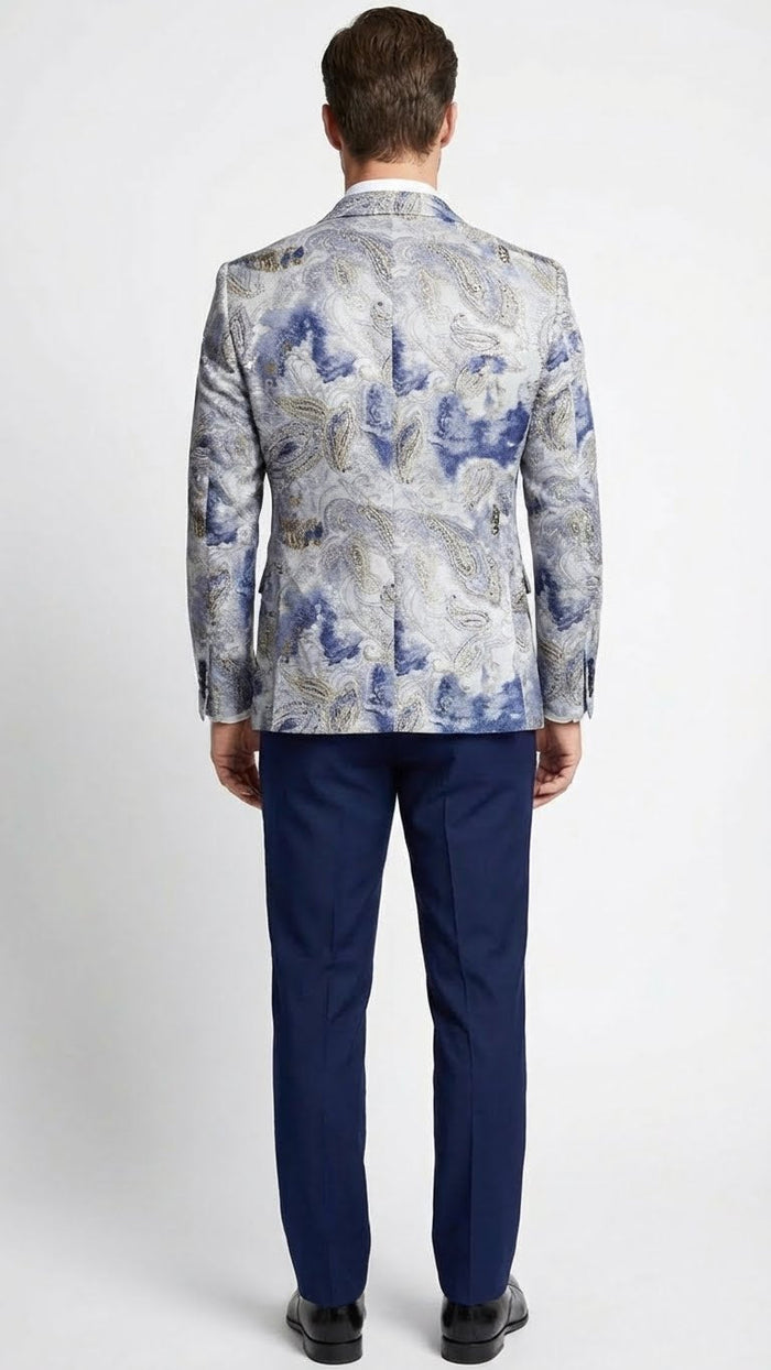 Men’s Navy Blue and Gray Paisley Print Blazer - Prom Jacket for Formal, Party, and Evening Wear by USA Men's Outlet