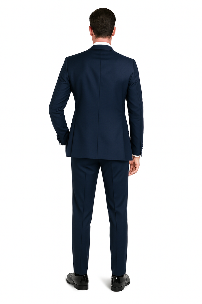 Men’s Navy Blue Tuxedo with Satin Peak Lapel with navy sateen - 3 Piece Formal Suit with Vest and Bow Tie by USA Men's Outlet