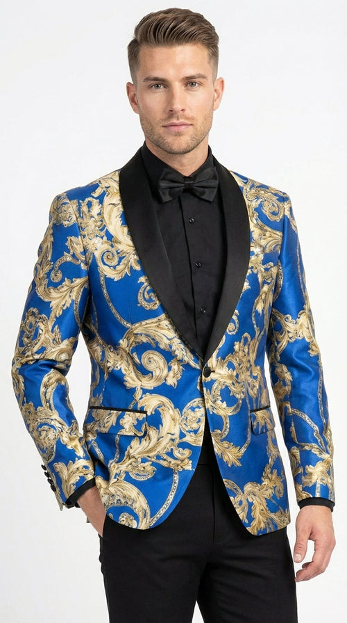 Men’s Royal Blue and Gold Blazer Jacket – Luxury Floral Pattern Tuxedo Blazer, Formal Party Wedding Dinner Jacket, Stylish Evening Wear