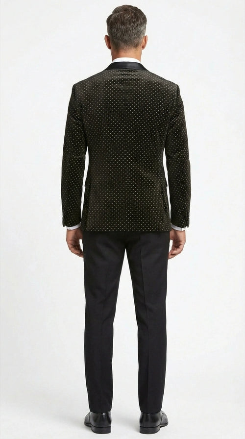 Men’s Black Velvet Dinner Jacket Blazer with Satin Lapel – Formal Evening Tuxedo Style Jacket Polk Dots Pattern + Free bowtie