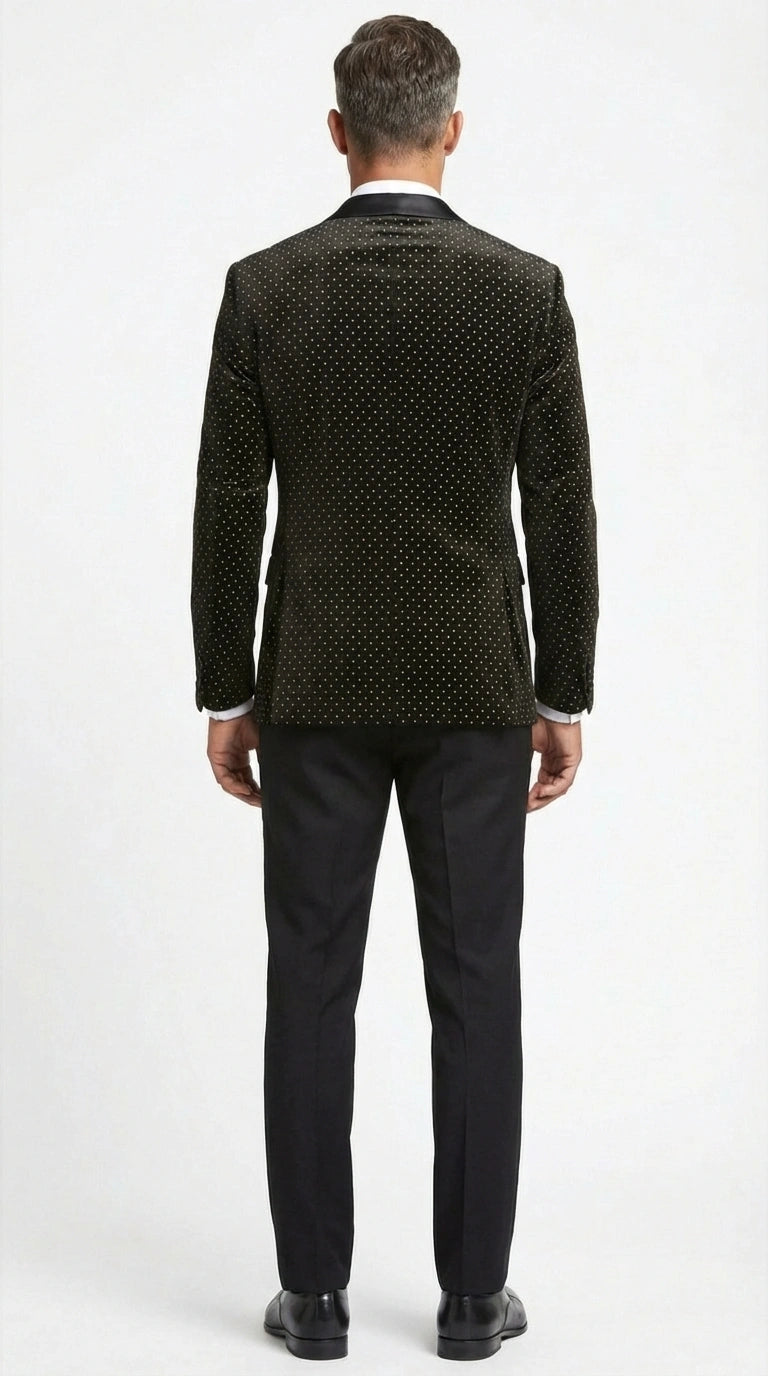 Men’s Black Velvet Dinner Jacket Blazer with Satin Lapel – Formal Evening Tuxedo Style Jacket Polk Dots Pattern + Free bowtie