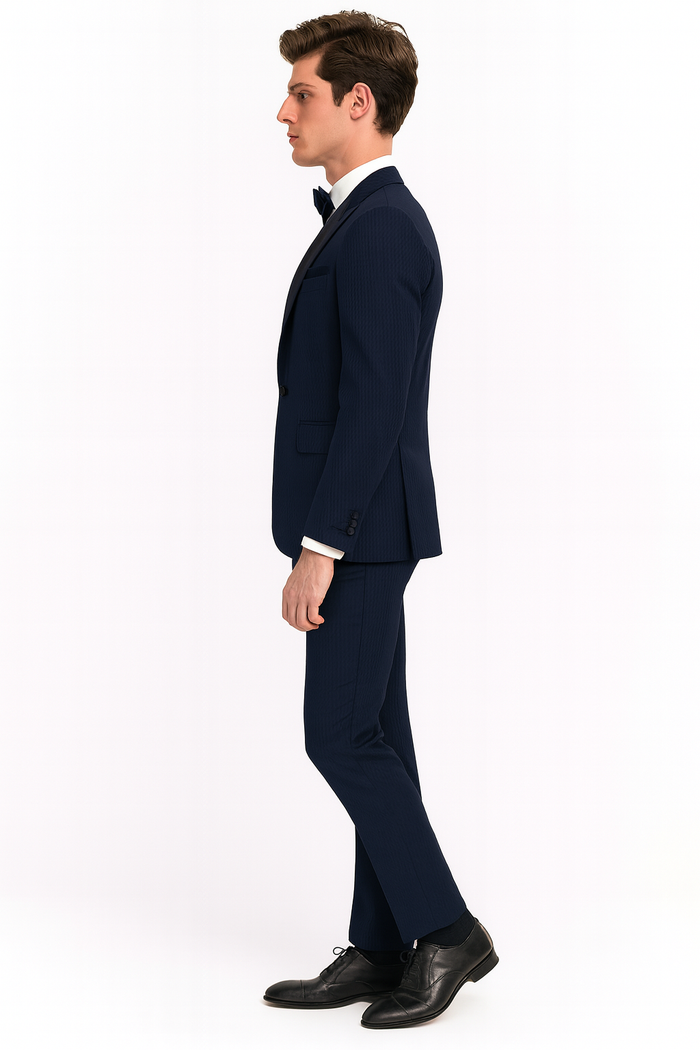 Men’s Navy Blue Tuxedo with Satin Peak Lapel With Matching Color Lapel Sateen - Formal 2 Piece Suit by USA Men's Outlet