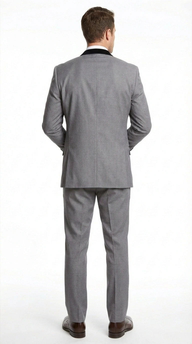 Men’s Light Gray Three Piece Suit with Black Chesterfield Collar  – Classic Formal Wedding and Business Suit Set 1920s Vintage