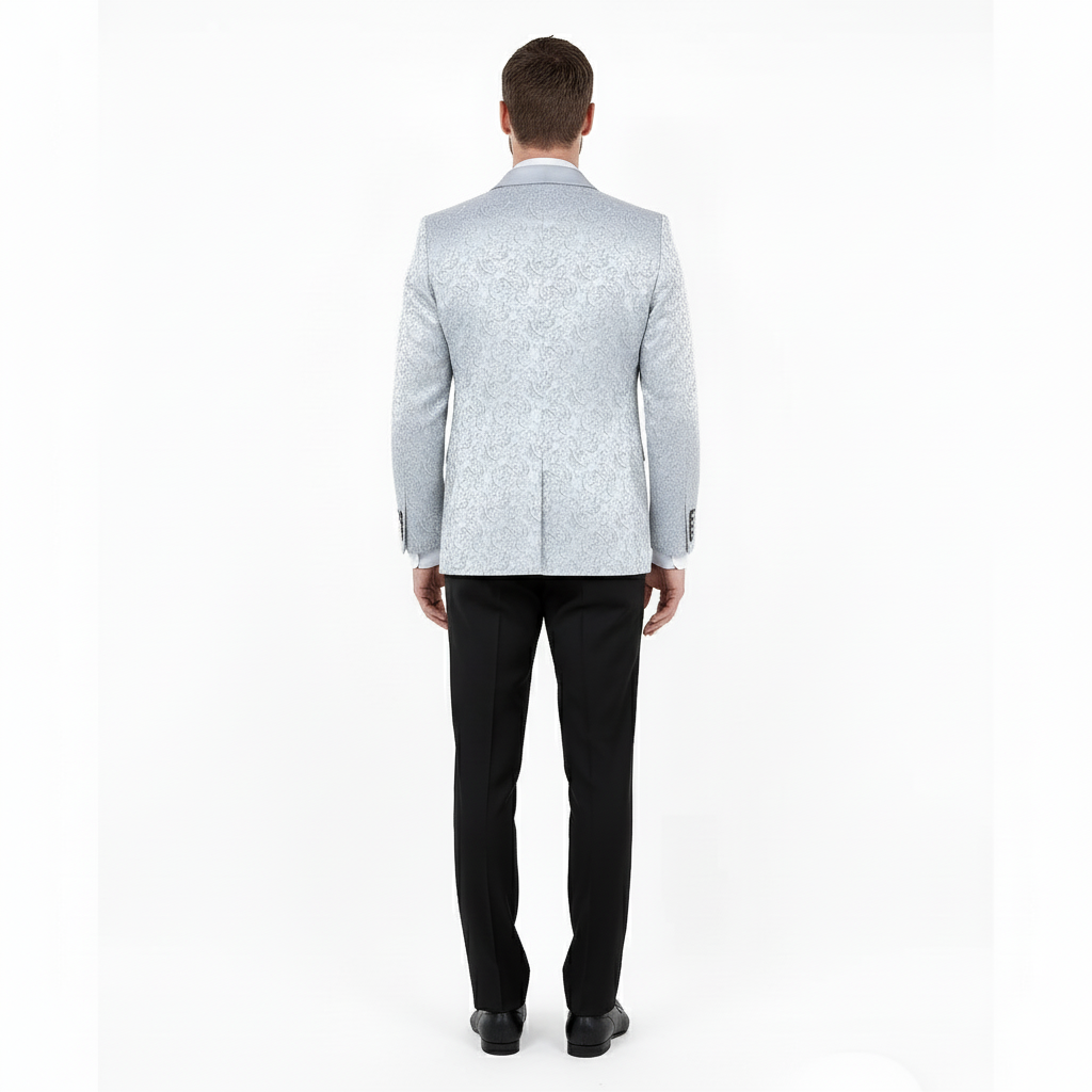 Big and Tall Men’s Silver Gray Paisley Tuxedo Jacket – Satin Shawl Lapel Blazer for Weddings, Proms, and Formal Events