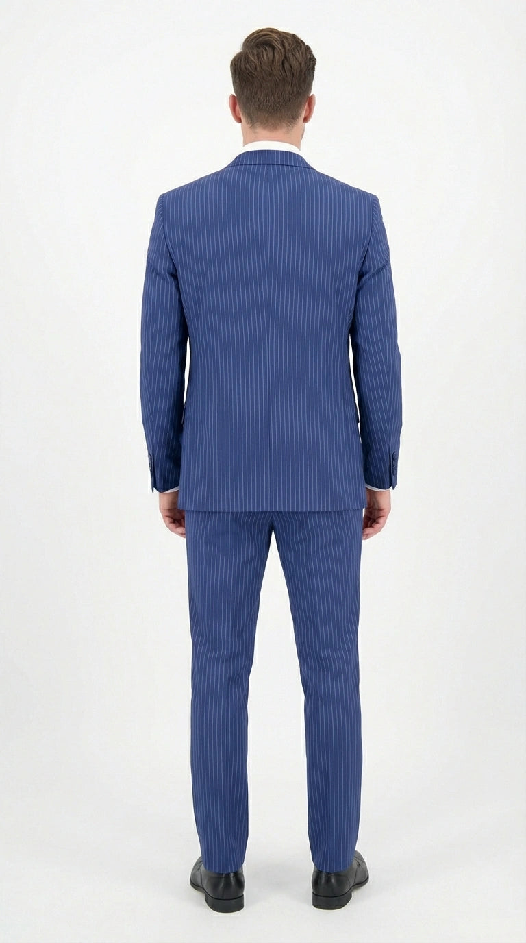 Men’s Royal Blue Pinstripe Three Piece Suit – Classic Formal 3PC Business and Wedding Suit Indigo Teal Saphire Pinstripe