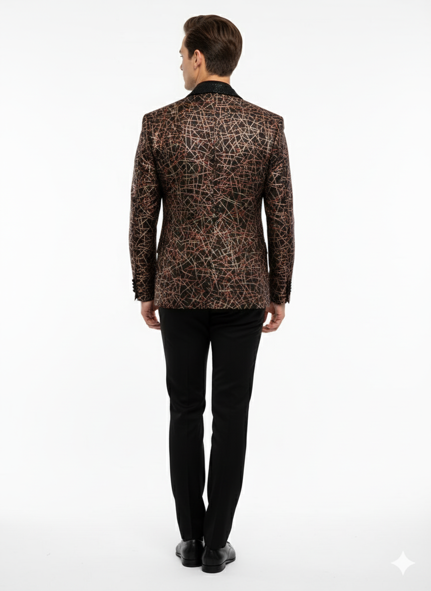 Men’s Black Shiny Designer Blazer with Red and Gold Pattern - Luxury Party & Wedding Jacket by USA Men's Outlet