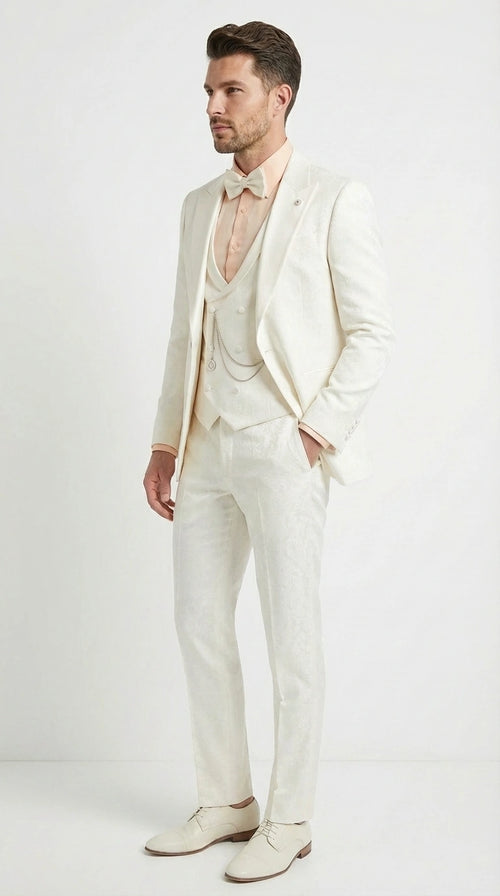 Vinci Men’s Ivory Three Piece Suit – Ivory 3PC Formal Wedding Suit for Groom, Prom and Black Tie Events