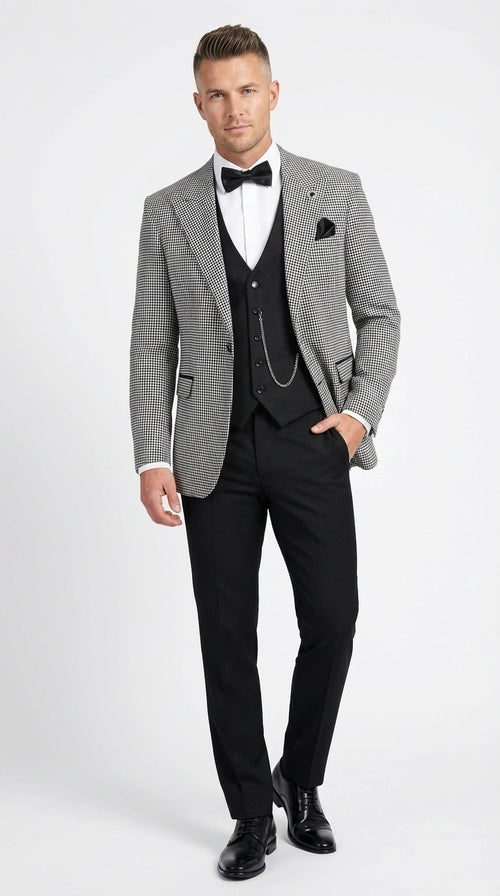 Men’s Black and White Houndstooth Gatsby Inspired Suit – Vintage Style Formal Suit for Wedding, Prom and Classic Events Blazer + Black vest + Black Pants