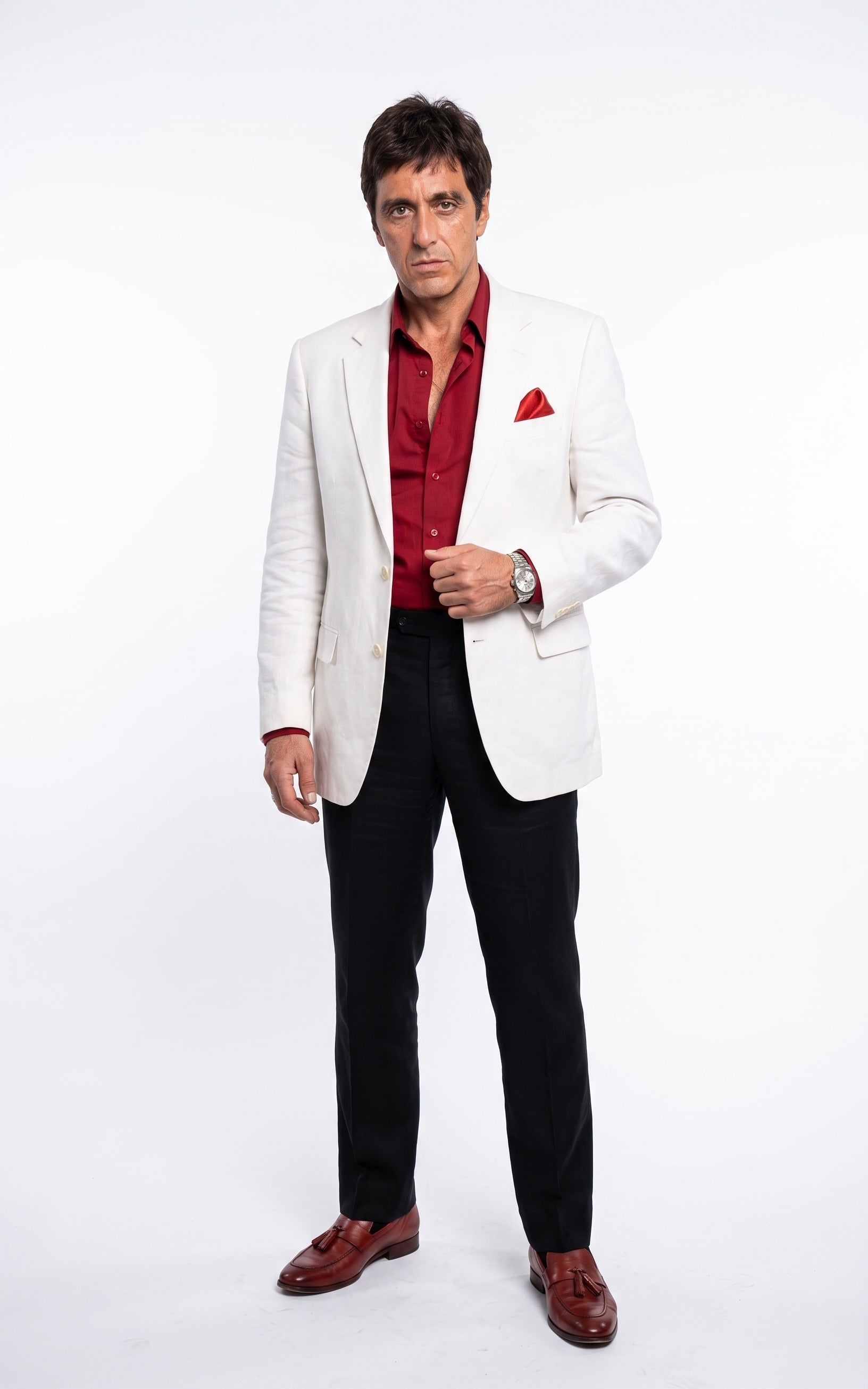 Tony Montana’s White Blazer Red Shirt Black Pants – Men’s White Blazer Outfit with Red Shirt and Black Trousers for Party, Wedding and Vintage Style Wear – SuitUSA