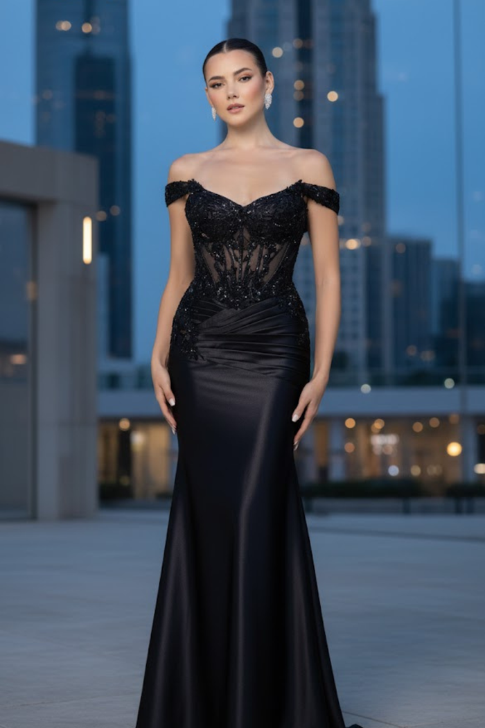 Off-Shoulder Beaded Evening Gown Formal Satin Mermaid Dress By May Queen MQ2180