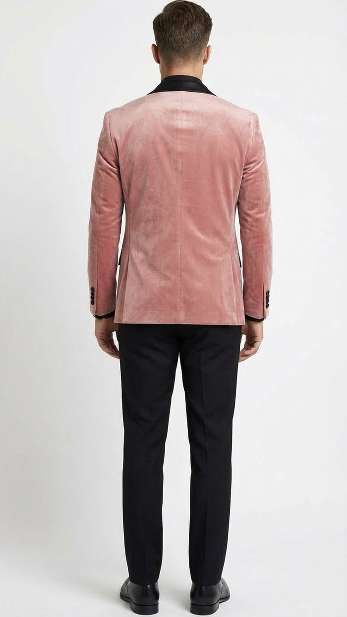 Men’s Dusty Rose Pink Velvet Blazer with Black Satin Lapel - Formal Sport Coat in Mauve Color + Bowtie USA Men's Outlet