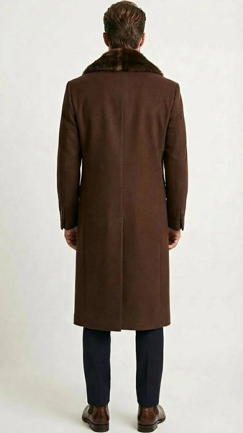 Men’s Brown Long Overcoat with Faux Fur Collar - Classic Winter Formal Coat Three Quarter Carcoat Wool and Cashmere Fabric USA Men's Outlet