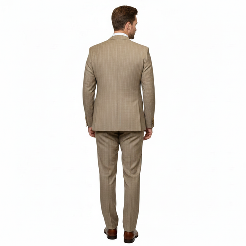 Men’s Beige Pinstripe Three-Piece Suit - Classic Fit Formal Suit with Vest and Flat-Front Pants in Tan Stripe By Rossiman USA Men's Outlet