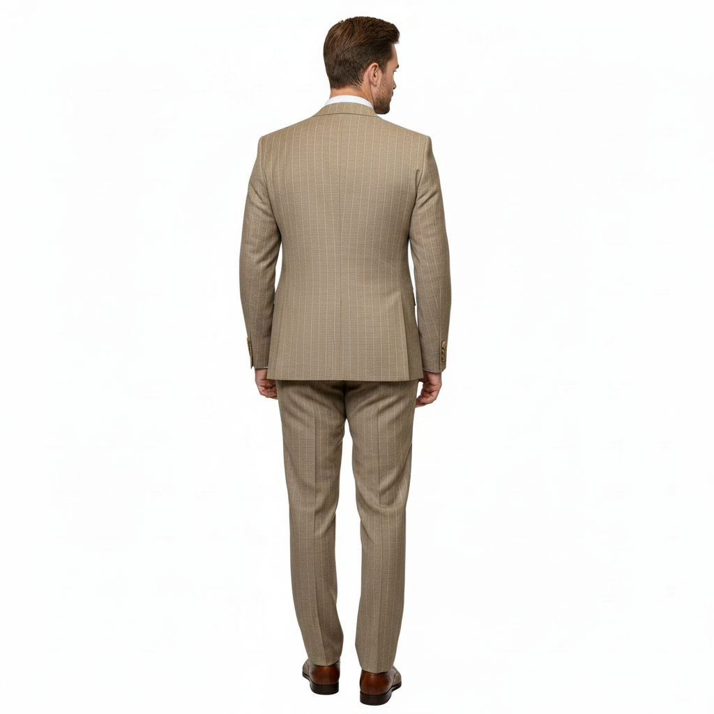 Men’s Beige Pinstripe Three-Piece Suit - Classic Fit Formal Suit with Vest and Flat-Front Pants in Tan Stripe By Rossiman USA Men's Outlet