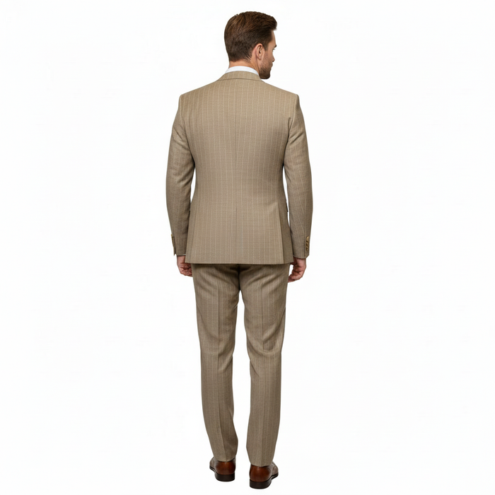 Men’s Beige Pinstripe Three-Piece Suit - Classic Fit Formal Suit with Vest and Flat-Front Pants in Tan Stripe By Rossiman USA Men's Outlet