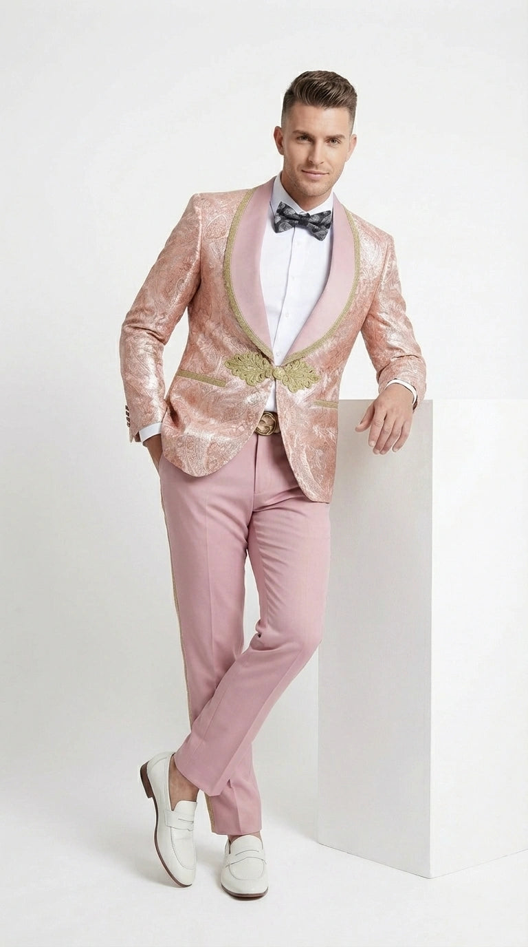 Men’s Rose Gold Pink Prom Tuxedo Suit – Slim Fit Paisley Pattern Formal Tuxedo Suit for Prom, Wedding and Special Events