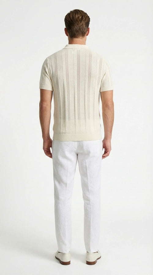 Mens Cream Ivory Off White Knit Walking Suit Set – Lightweight Short Sleeve Shirt and Pants Outfit for Summer, Vacation and Casual Wear