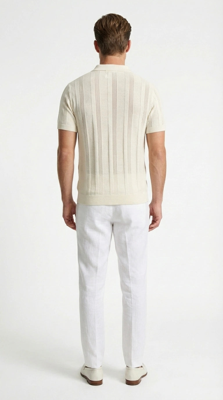 Mens Cream Ivory Off White Knit Walking Suit Set – Lightweight Short Sleeve Shirt and Pants Outfit for Summer, Vacation and Casual Wear